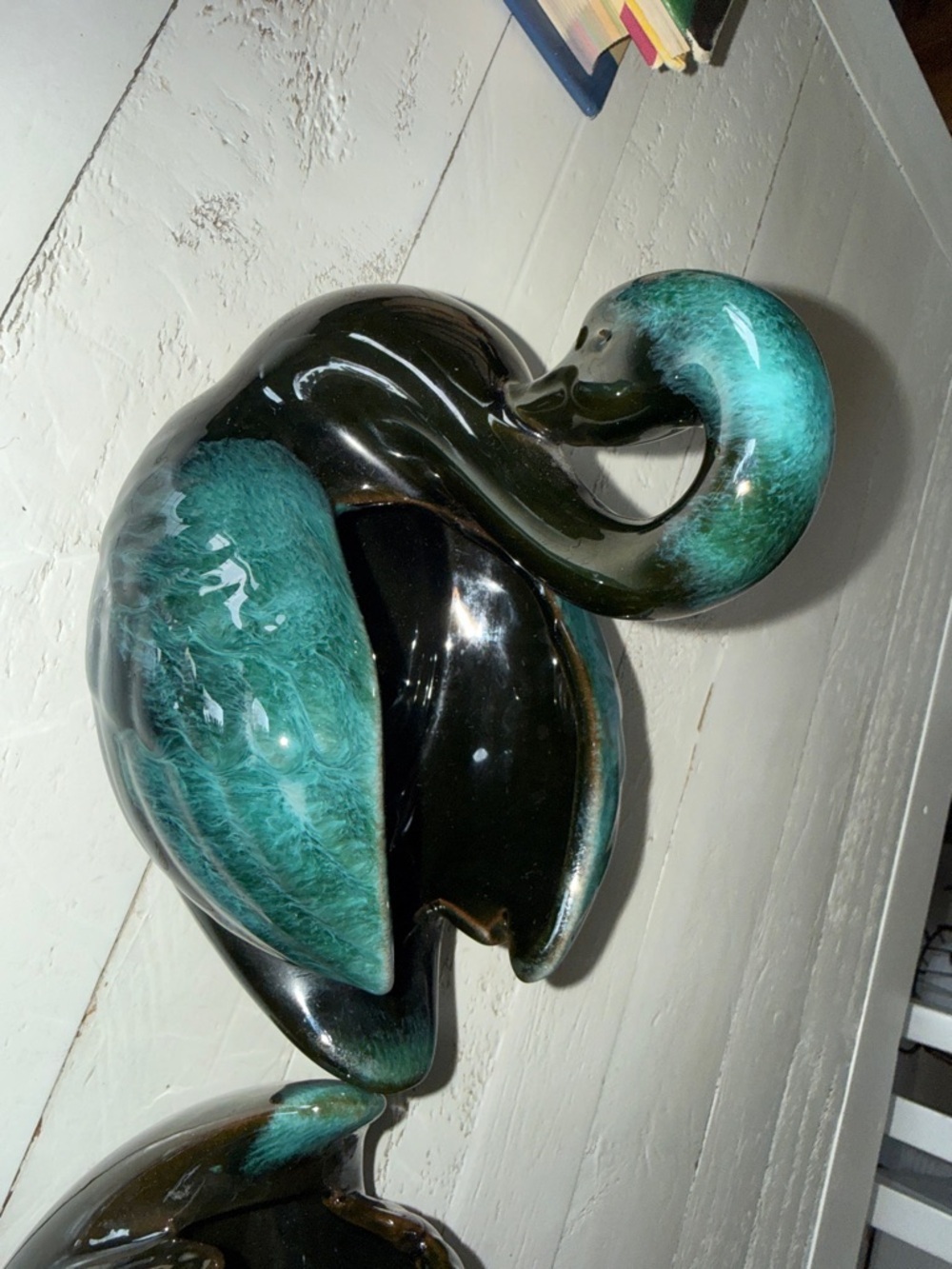 Blue Mountain Pottery, Pair of Swan, BMP Black/Green Drip Glaze, MCM made in CA - Picture 7 of 9